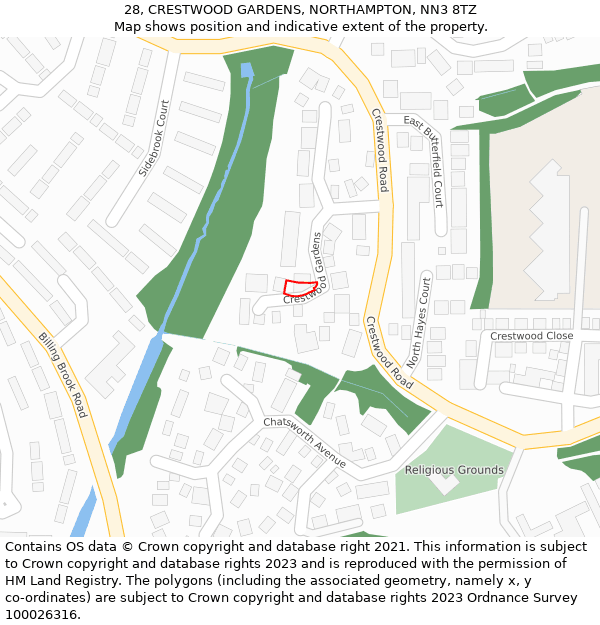 28, CRESTWOOD GARDENS, NORTHAMPTON, NN3 8TZ: Location map and indicative extent of plot