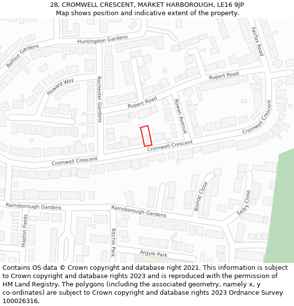 28, CROMWELL CRESCENT, MARKET HARBOROUGH, LE16 9JP: Location map and indicative extent of plot