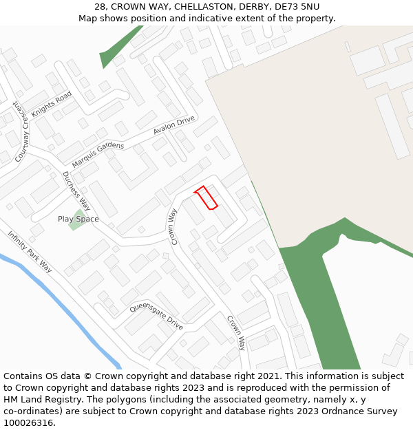 28, CROWN WAY, CHELLASTON, DERBY, DE73 5NU: Location map and indicative extent of plot