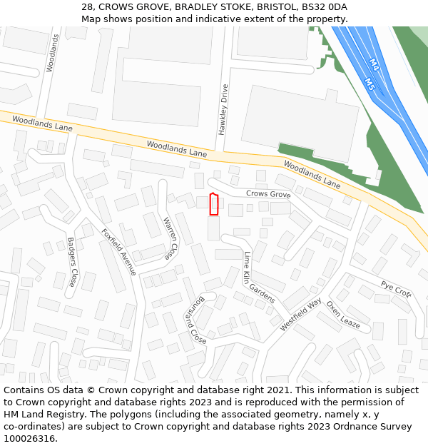 28, CROWS GROVE, BRADLEY STOKE, BRISTOL, BS32 0DA: Location map and indicative extent of plot