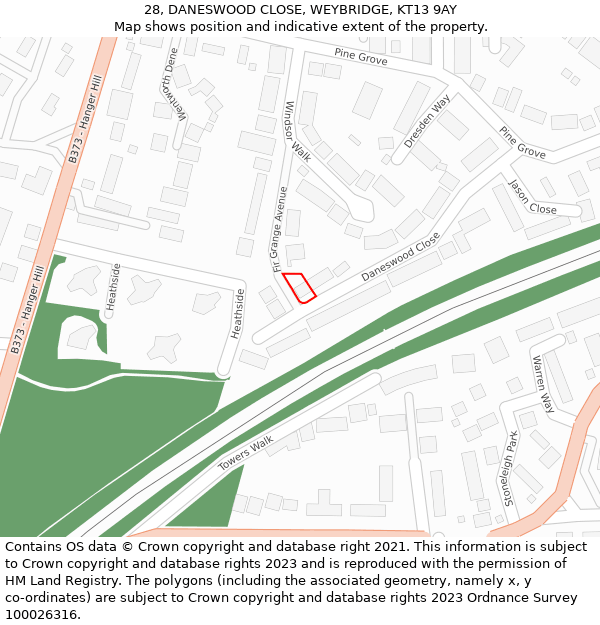 28, DANESWOOD CLOSE, WEYBRIDGE, KT13 9AY: Location map and indicative extent of plot
