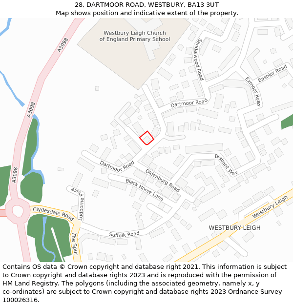 28, DARTMOOR ROAD, WESTBURY, BA13 3UT: Location map and indicative extent of plot