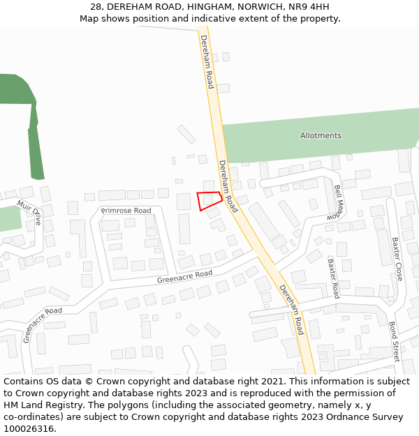 28, DEREHAM ROAD, HINGHAM, NORWICH, NR9 4HH: Location map and indicative extent of plot