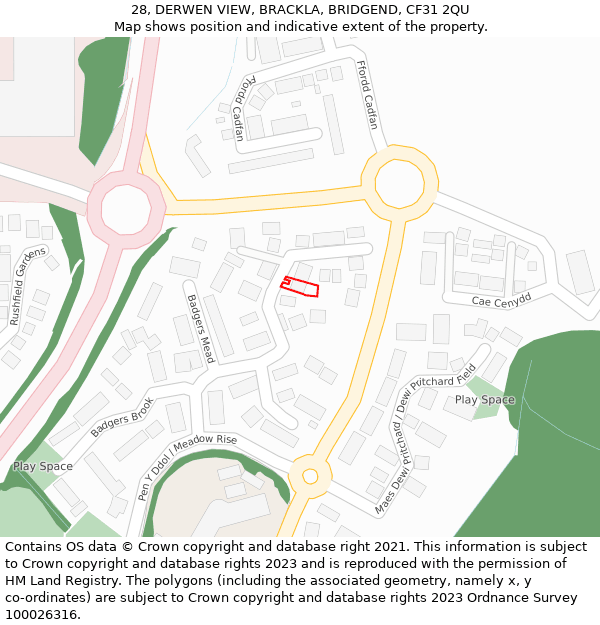 28, DERWEN VIEW, BRACKLA, BRIDGEND, CF31 2QU: Location map and indicative extent of plot