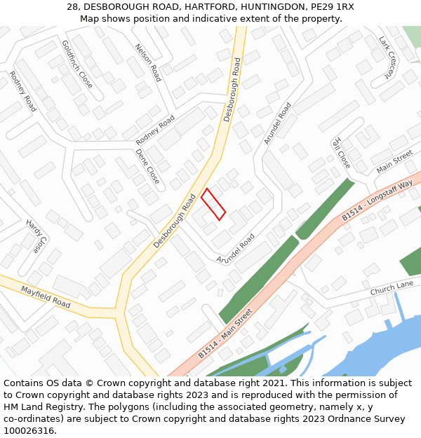 28, DESBOROUGH ROAD, HARTFORD, HUNTINGDON, PE29 1RX: Location map and indicative extent of plot