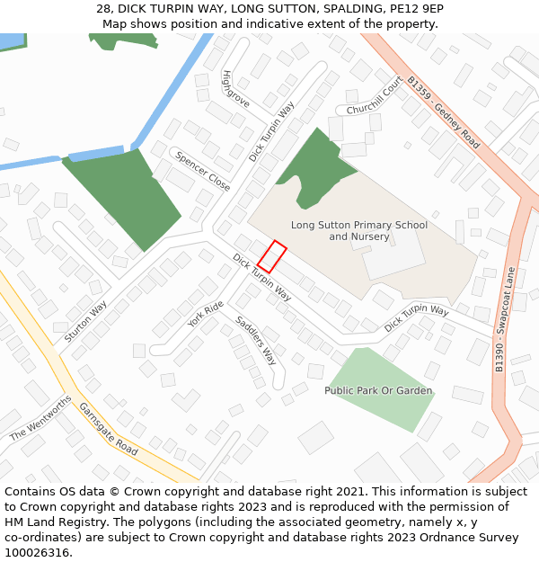 28, DICK TURPIN WAY, LONG SUTTON, SPALDING, PE12 9EP: Location map and indicative extent of plot