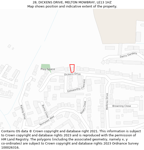 28, DICKENS DRIVE, MELTON MOWBRAY, LE13 1HZ: Location map and indicative extent of plot