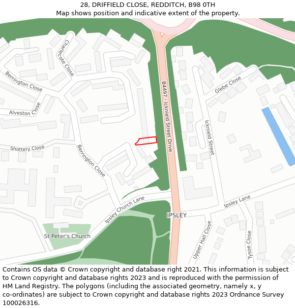 28, DRIFFIELD CLOSE, REDDITCH, B98 0TH: Location map and indicative extent of plot