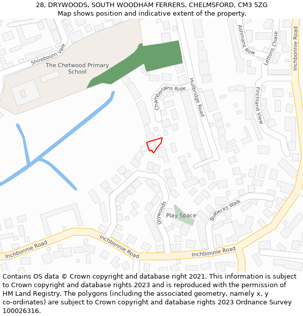 28, DRYWOODS, SOUTH WOODHAM FERRERS, CHELMSFORD, CM3 5ZG: Location map and indicative extent of plot