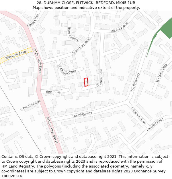 28, DURHAM CLOSE, FLITWICK, BEDFORD, MK45 1UR: Location map and indicative extent of plot