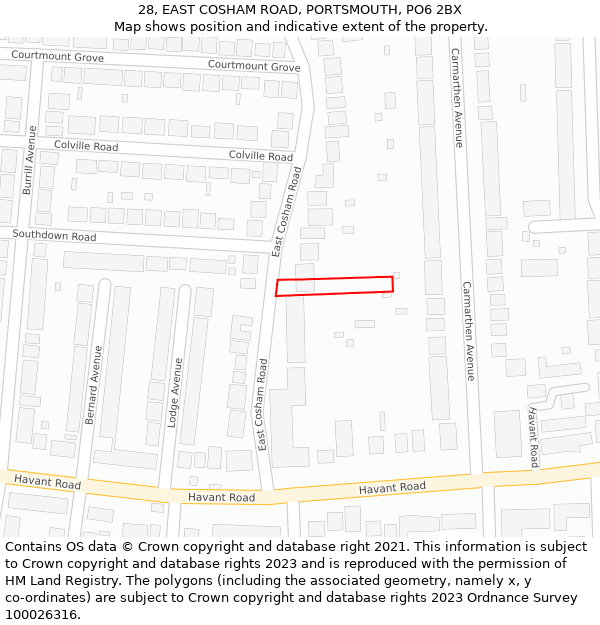 28, EAST COSHAM ROAD, PORTSMOUTH, PO6 2BX: Location map and indicative extent of plot