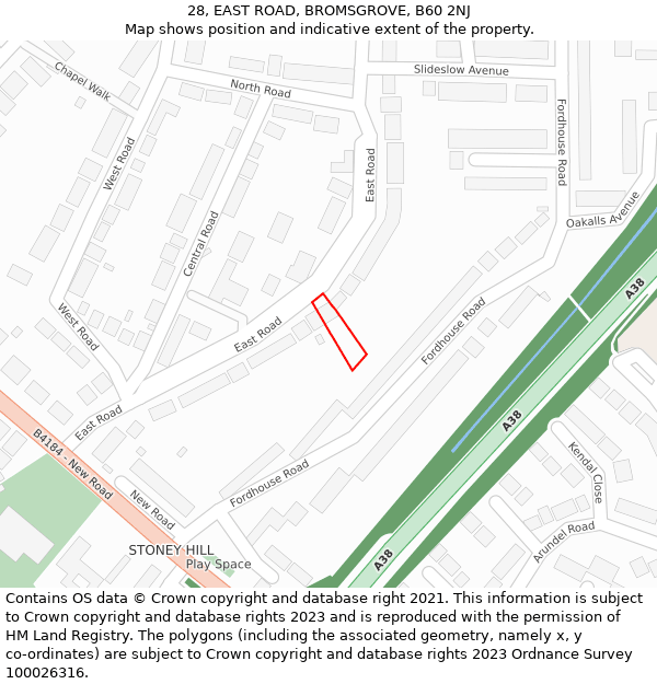 28, EAST ROAD, BROMSGROVE, B60 2NJ: Location map and indicative extent of plot