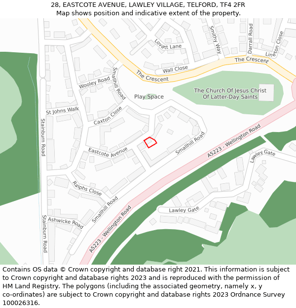 28, EASTCOTE AVENUE, LAWLEY VILLAGE, TELFORD, TF4 2FR: Location map and indicative extent of plot