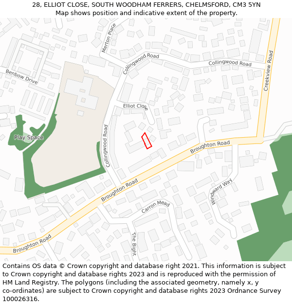 28, ELLIOT CLOSE, SOUTH WOODHAM FERRERS, CHELMSFORD, CM3 5YN: Location map and indicative extent of plot