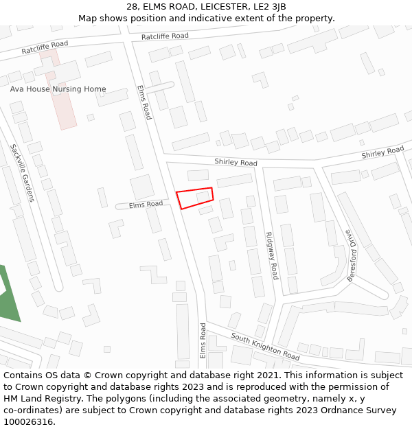 28, ELMS ROAD, LEICESTER, LE2 3JB: Location map and indicative extent of plot
