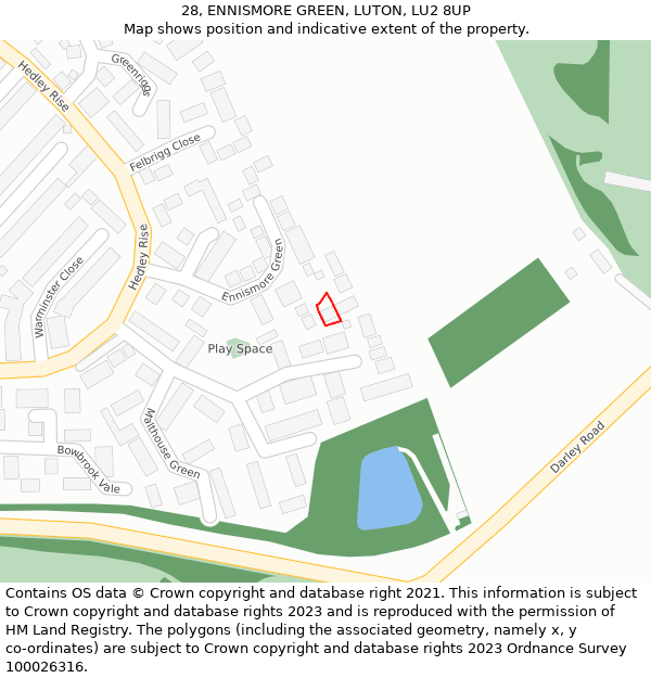 28, ENNISMORE GREEN, LUTON, LU2 8UP: Location map and indicative extent of plot