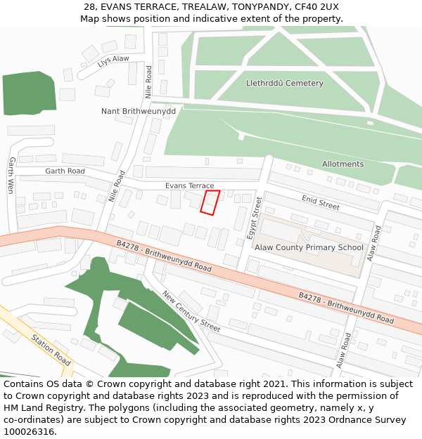 28, EVANS TERRACE, TREALAW, TONYPANDY, CF40 2UX: Location map and indicative extent of plot