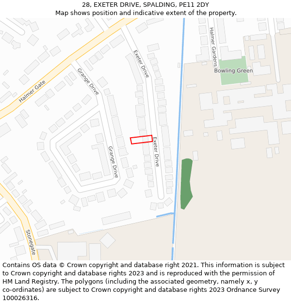 28, EXETER DRIVE, SPALDING, PE11 2DY: Location map and indicative extent of plot