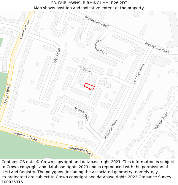 28, FAIRLAWNS, BIRMINGHAM, B26 2DT: Location map and indicative extent of plot