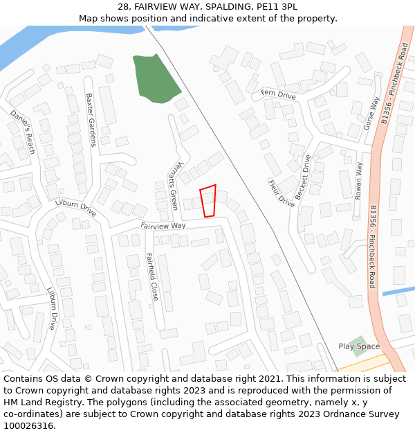 28, FAIRVIEW WAY, SPALDING, PE11 3PL: Location map and indicative extent of plot