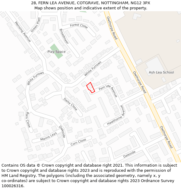 28, FERN LEA AVENUE, COTGRAVE, NOTTINGHAM, NG12 3PX: Location map and indicative extent of plot