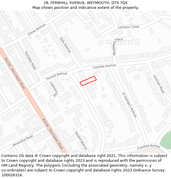 28, FERNHILL AVENUE, WEYMOUTH, DT4 7QX: Location map and indicative extent of plot