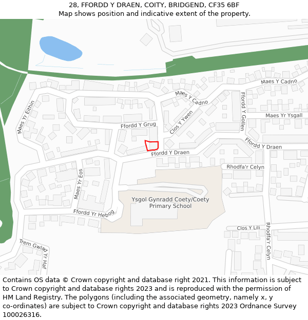 28, FFORDD Y DRAEN, COITY, BRIDGEND, CF35 6BF: Location map and indicative extent of plot