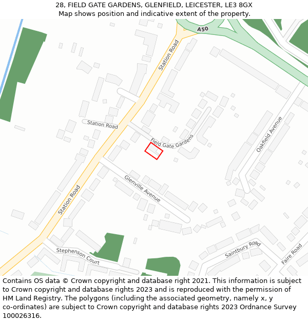 28, FIELD GATE GARDENS, GLENFIELD, LEICESTER, LE3 8GX: Location map and indicative extent of plot