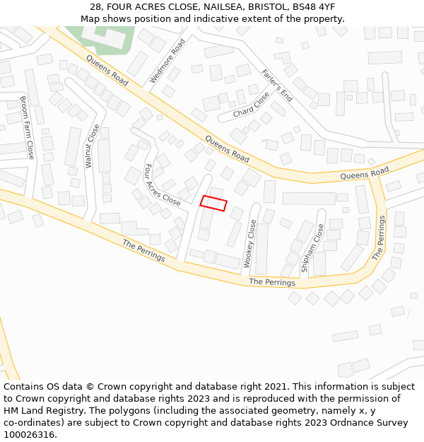 28, FOUR ACRES CLOSE, NAILSEA, BRISTOL, BS48 4YF: Location map and indicative extent of plot