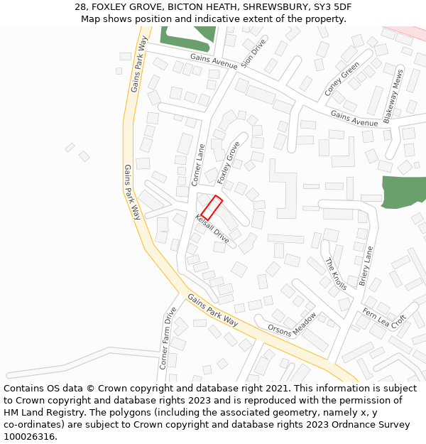 28, FOXLEY GROVE, BICTON HEATH, SHREWSBURY, SY3 5DF: Location map and indicative extent of plot