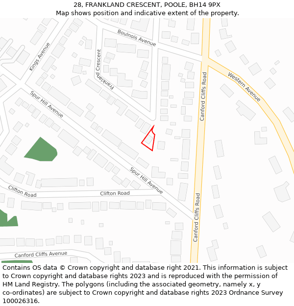 28, FRANKLAND CRESCENT, POOLE, BH14 9PX: Location map and indicative extent of plot