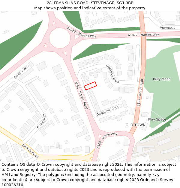 28, FRANKLINS ROAD, STEVENAGE, SG1 3BP: Location map and indicative extent of plot