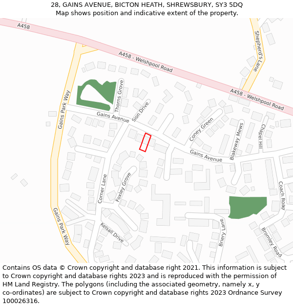 28, GAINS AVENUE, BICTON HEATH, SHREWSBURY, SY3 5DQ: Location map and indicative extent of plot