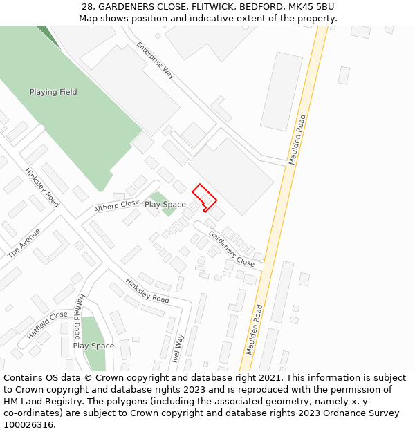 28, GARDENERS CLOSE, FLITWICK, BEDFORD, MK45 5BU: Location map and indicative extent of plot