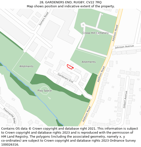 28, GARDENERS END, RUGBY, CV22 7RQ: Location map and indicative extent of plot