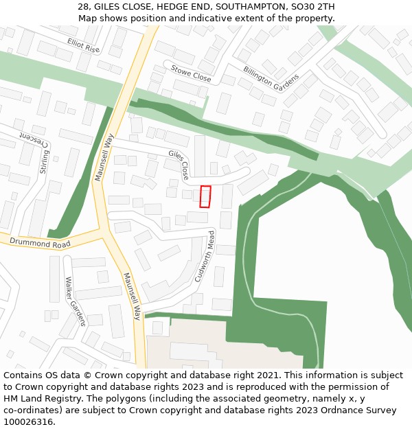 28, GILES CLOSE, HEDGE END, SOUTHAMPTON, SO30 2TH: Location map and indicative extent of plot