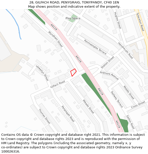 28, GILFACH ROAD, PENYGRAIG, TONYPANDY, CF40 1EN: Location map and indicative extent of plot