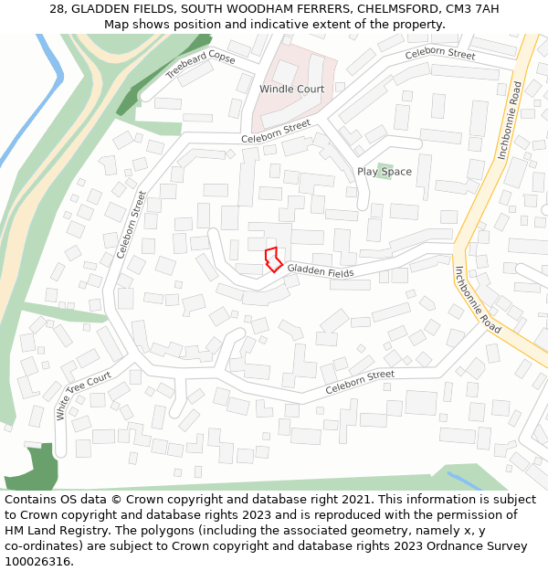 28, GLADDEN FIELDS, SOUTH WOODHAM FERRERS, CHELMSFORD, CM3 7AH: Location map and indicative extent of plot