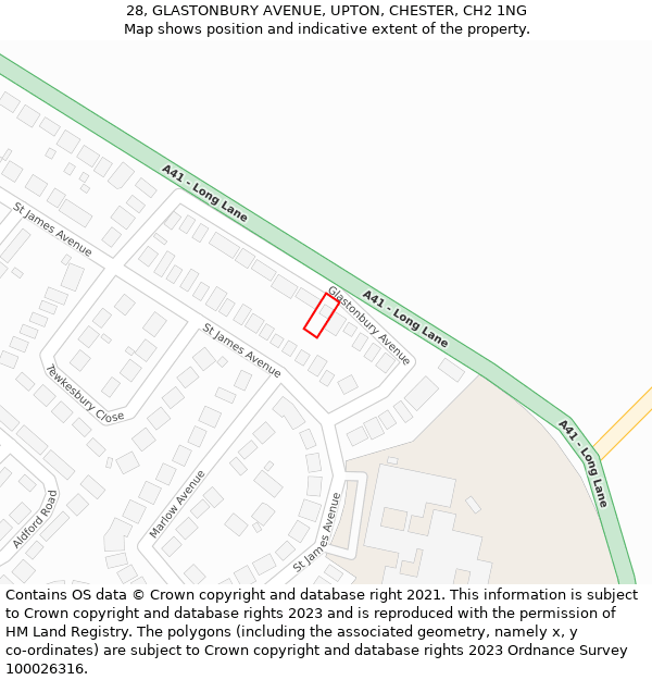 28, GLASTONBURY AVENUE, UPTON, CHESTER, CH2 1NG: Location map and indicative extent of plot