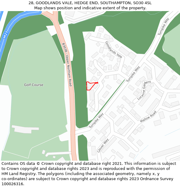 28, GOODLANDS VALE, HEDGE END, SOUTHAMPTON, SO30 4SL: Location map and indicative extent of plot