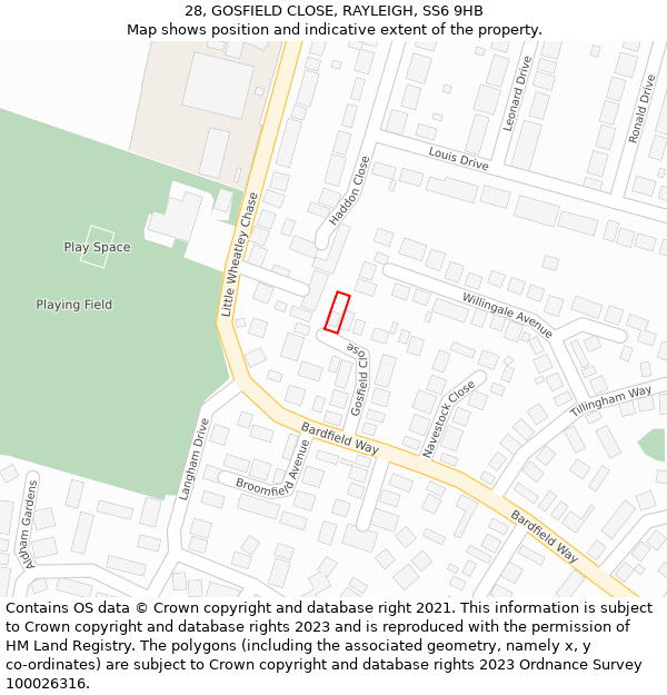 28, GOSFIELD CLOSE, RAYLEIGH, SS6 9HB: Location map and indicative extent of plot