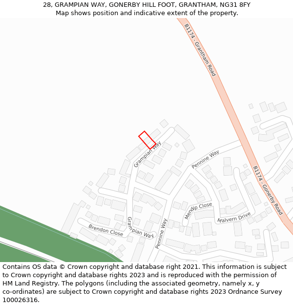 28, GRAMPIAN WAY, GONERBY HILL FOOT, GRANTHAM, NG31 8FY: Location map and indicative extent of plot