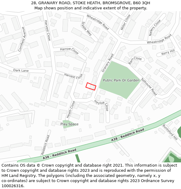 28, GRANARY ROAD, STOKE HEATH, BROMSGROVE, B60 3QH: Location map and indicative extent of plot