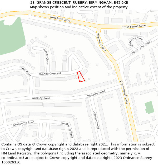 28, GRANGE CRESCENT, RUBERY, BIRMINGHAM, B45 9XB: Location map and indicative extent of plot