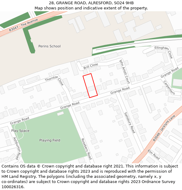 28, GRANGE ROAD, ALRESFORD, SO24 9HB: Location map and indicative extent of plot