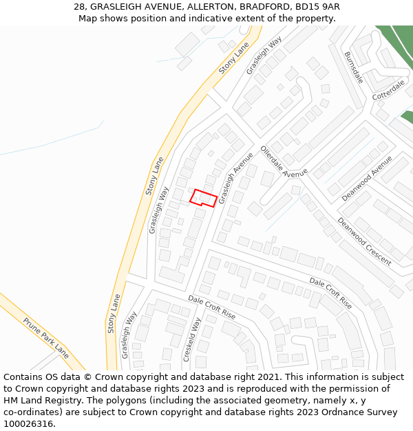 28, GRASLEIGH AVENUE, ALLERTON, BRADFORD, BD15 9AR: Location map and indicative extent of plot