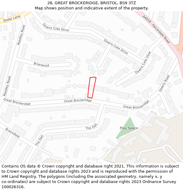 28, GREAT BROCKERIDGE, BRISTOL, BS9 3TZ: Location map and indicative extent of plot