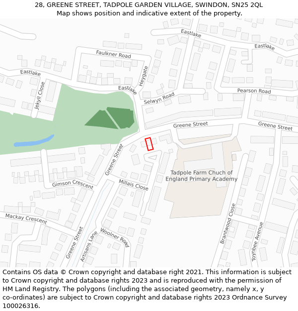 28, GREENE STREET, TADPOLE GARDEN VILLAGE, SWINDON, SN25 2QL: Location map and indicative extent of plot