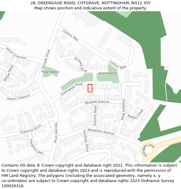 28, GREENGAGE ROAD, COTGRAVE, NOTTINGHAM, NG12 3SY: Location map and indicative extent of plot