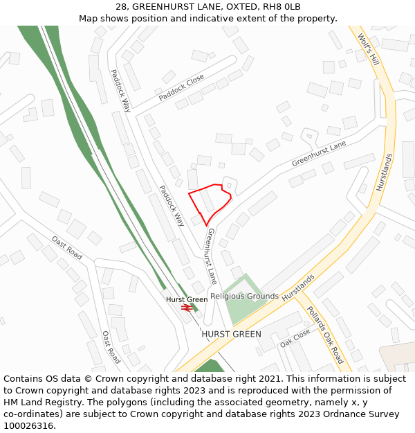 28, GREENHURST LANE, OXTED, RH8 0LB: Location map and indicative extent of plot